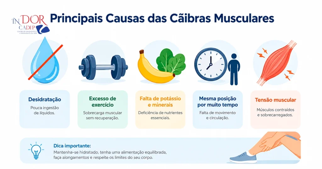 Causas das cãibras musculares: desidratação, excesso de exercício e falta de potássio, cálcio e magnésio. Causas das cãibras musculares: desidratação, excesso de exercício e falta de potássio, cálcio e magnésio.