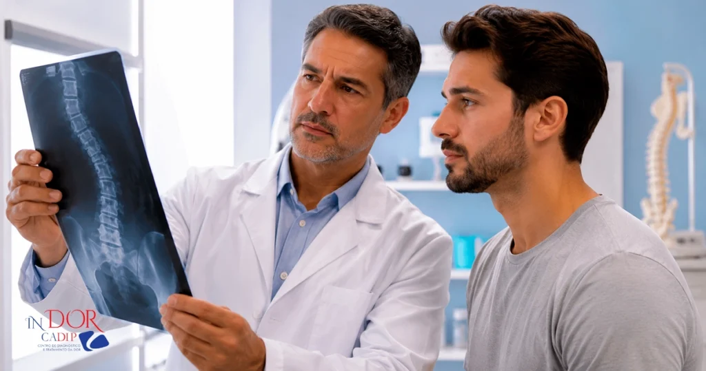Ortopedista analisando radiografia da coluna para diagnóstico da escoliose. Ortopedista analisando radiografia da coluna para diagnóstico da escoliose.
