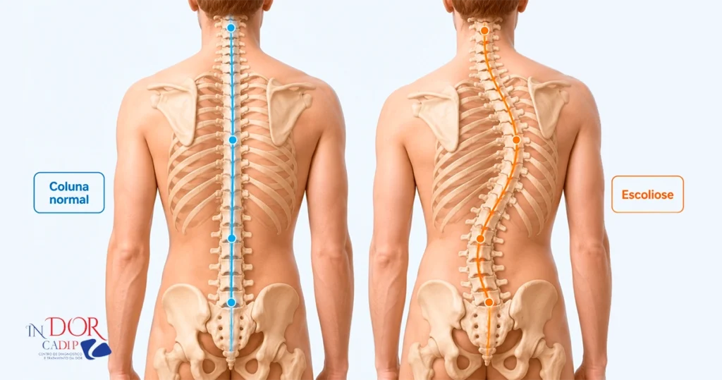 Ilustração de coluna vertebral com escoliose, mostrando o desvio lateral em formato de S. Ilustração de coluna vertebral com escoliose, mostrando o desvio lateral em formato de S.