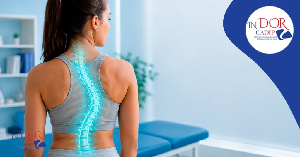 Escoliose o que é, sintomas e tratamento. Coluna vertebral com desvio lateral em formato de S destacado.