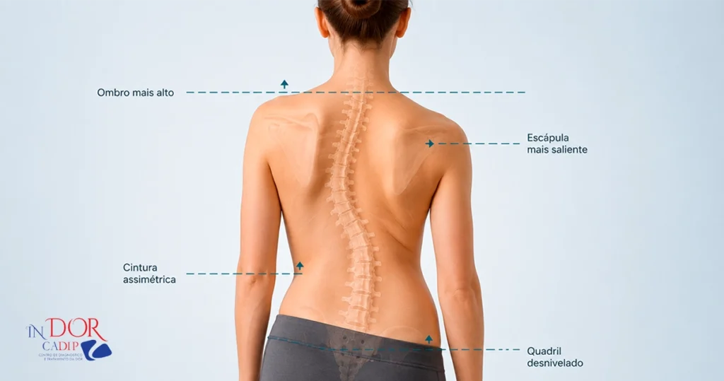 Sinais visíveis da escoliose no corpo, como ombros e quadril desalinhados. Sinais visíveis da escoliose no corpo, como ombros e quadril desalinhados.