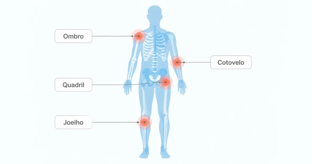 Ilustração das principais regiões afetadas pela bursite: ombro, quadril, joelho e cotovelo. Ilustração das principais regiões afetadas pela bursite: ombro, quadril, joelho e cotovelo.