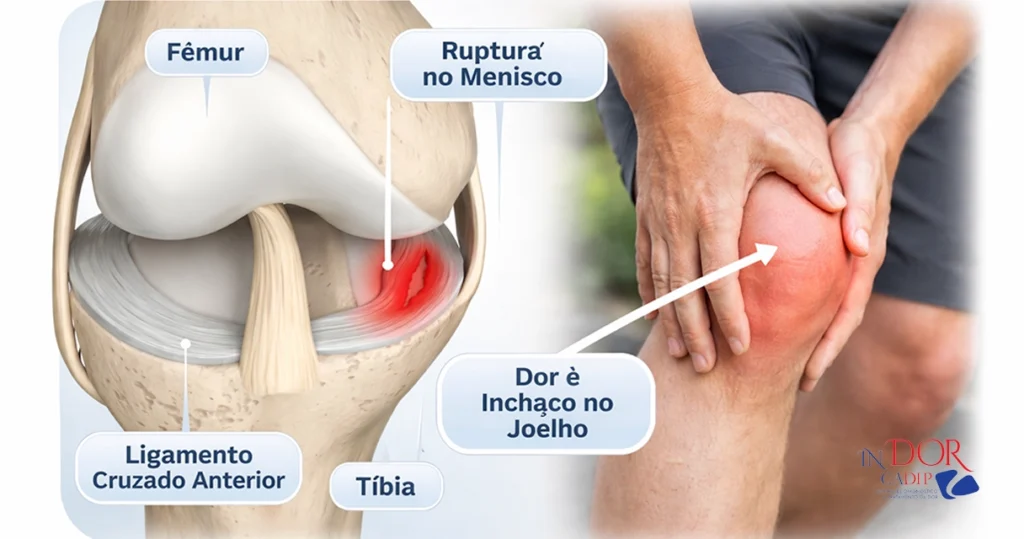 Imagem mostrando a anatomia do joelho com ruptura do menisco, destacando fêmur, tíbia, ligamento cruzado anterior e área de dor e inchaço no joelho causada pela lesão no menisco. Imagem mostrando a anatomia do joelho com ruptura do menisco, destacando fêmur, tíbia, ligamento cruzado anterior e área de dor e inchaço no joelho causada pela lesão no menisco.