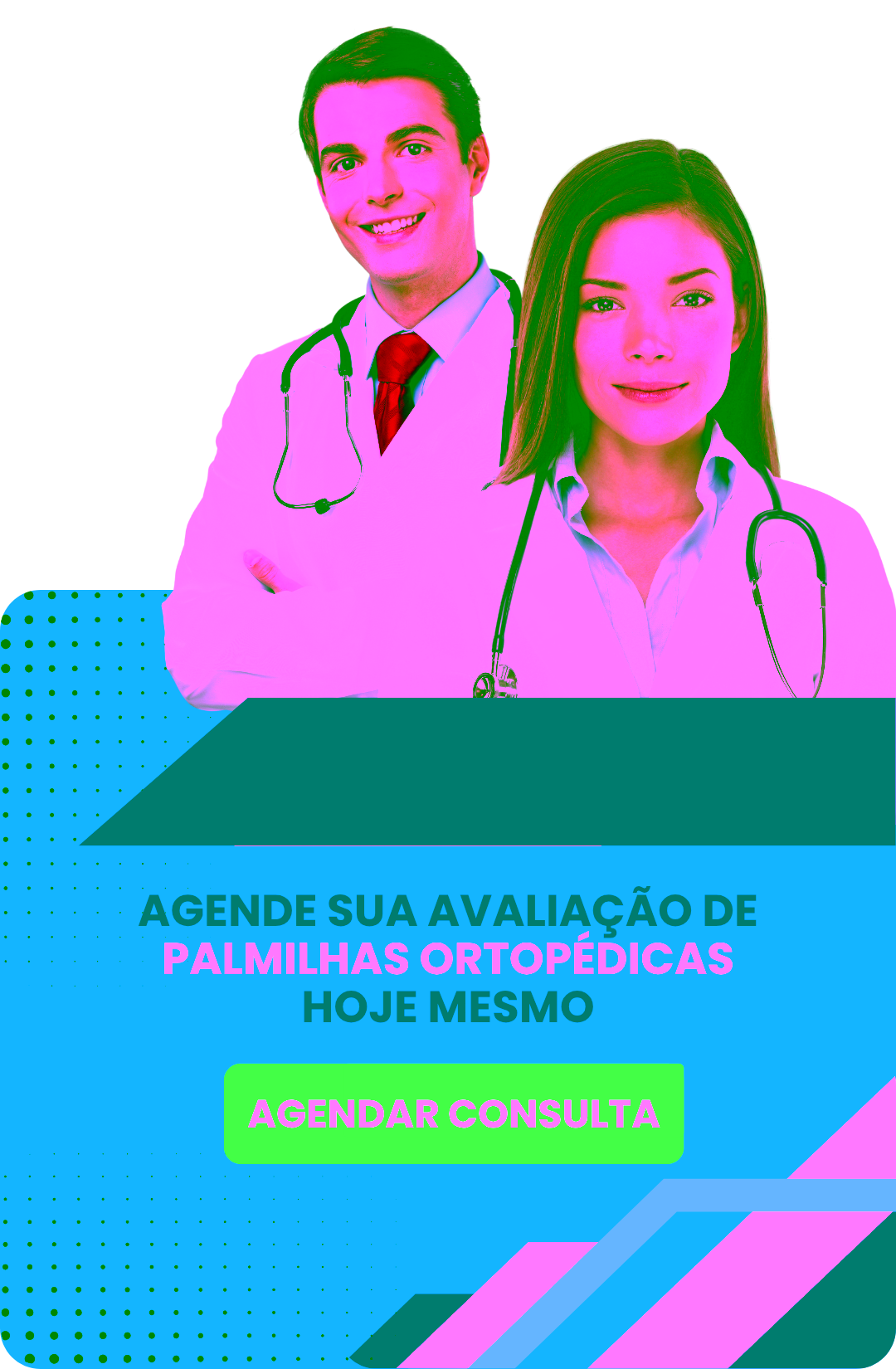 Banner de agendamento de avaliação de palmilhas ortopédicas com dois médicos sorrindo, destacando correção da pisada, alívio de dores e consulta em Montes Claros e Pirapora