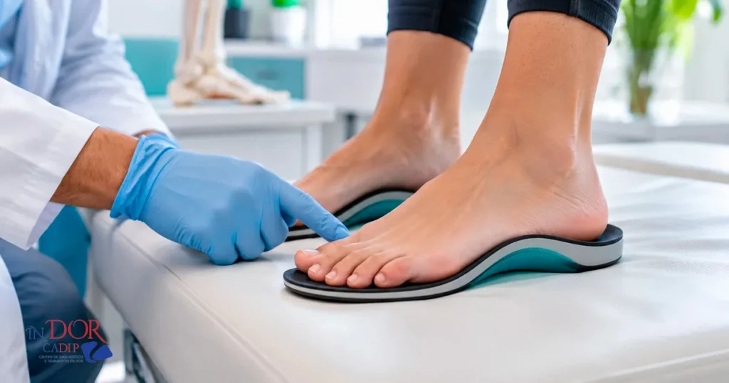 Para que serve palmilha ortopédica: pés apoiados em palmilha sob medida sobre a mesa de avaliação da clínica